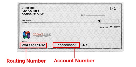 dummy check showing where routing number and account number is located